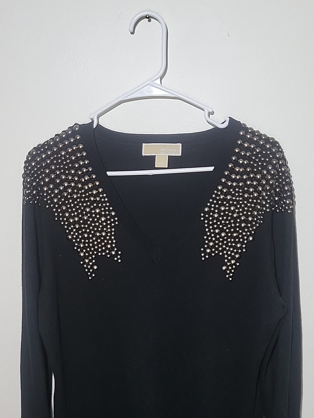 Michael Kors Black V-Neck Sweater with Silver Studded Shoulders